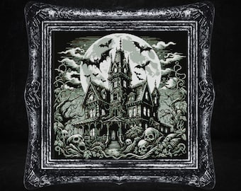 Haunted House with Full Moon Cross Stitch Pattern Witchy Spooky Gothic Woodcut Occult Halloween Creepy Horror Dark Wiccan Modern Xstitch