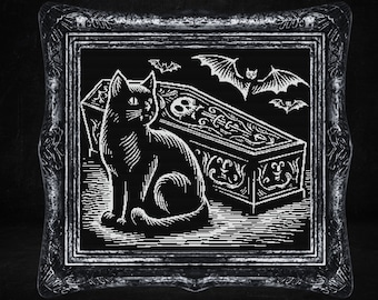 May include: Black and white illustration of a black cat sitting next to a coffin with bats flying around it. The coffin is decorated with a skull and floral designs.