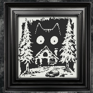 May include: Black and white cross-stitch pattern of a cat peeking out from behind a house in the woods. The cat has large eyes and a small house with a chimney is visible in the background.