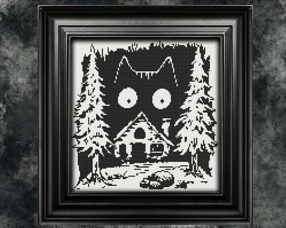 Woodcut Yule Cat Cross Stitch Pattern Halloween BLack And White Halloween Witchcraft Monochrome Creepy Cute Whimsical Funny Instant Download