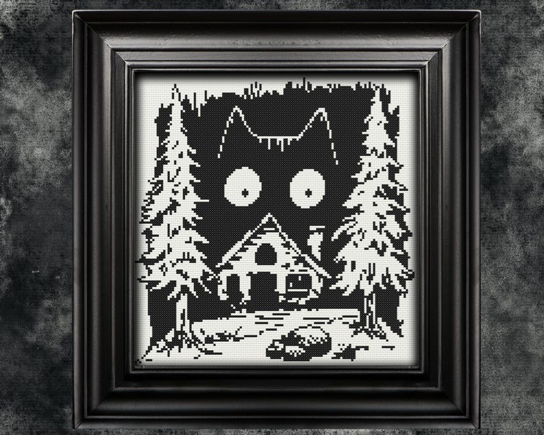 May include: Black and white cross-stitch pattern of a cat peeking out from behind a house in the woods. The cat has large eyes and a small house with a chimney is visible in the background.