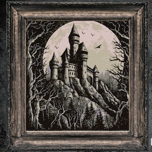 Dracula&#39;s Castle Cross Stitch Pattern Gift for Halloween Horror Bats Witchcraft Creepy Spooky Gothic Cross Stitch Pattern Instant Download