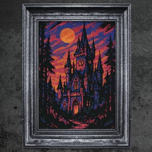 Dracula&#39;s Castle Cross Stitch Pattern Gift for Halloween Horror Full Moon Creepy Spooky Gothic Spooky Cross Stitch Pattern Instant Download