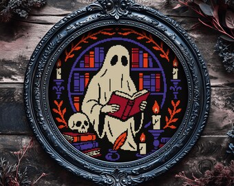 Bookworm Ghost Cross Stitch Pattern: Library, Skull (PDF Download)