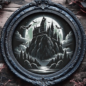 Dracula&#39;s Castle 3 Cross Stitch Pattern Gift for Halloween Horror Bats Witchcraft Creepy Spooky Gothic Count Dracula Full Coverage Pdf