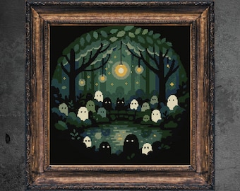 Halloween Ghosts Cross Stitch Pattern Halloween Gothic Whimsical Cute Ghosts in the Woods Forest Witchy Spooky Funny Modern Xstitch