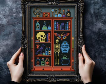 Rariteitenkabinet 6 kruissteekpatroon Halloween Horror Hekserij Schedel Griezelig Skelet Spookachtig Donker Wicca Raaf Mot Gotisch Modern