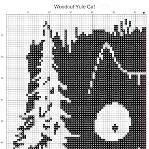 May include: Black and white pixel art image of a cat with a festive, Yule-themed design. The cat is depicted in a simple, stylized manner, with a round, black eye and a white, circular nose.
