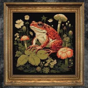 Kikker met paddenstoelen Cross Stitch Patroon Cadeau voor Halloween Horror Floral Modern Griezelig Spooky Animal Witchy XStitch Volledige dekking