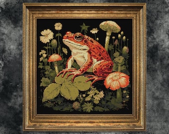 Frog with Mushrooms Cross Stitch Pattern Gift for Halloween Horror Floral Modern Creepy Spooky Animal Witchy XStitch Full Coverage
