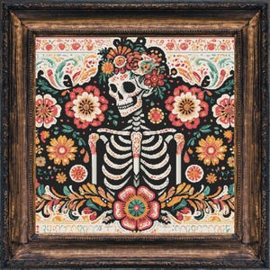 Padrão de ponto cruz de esqueleto de arte popular Halloween Horror Bruxaria Caveira Assustador Floral Caveira Dia dos Mortos