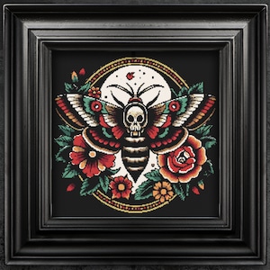 Death Moth & Flowers Cross Stitch Pattern, Gothic Wiccan (PDF Pattern)