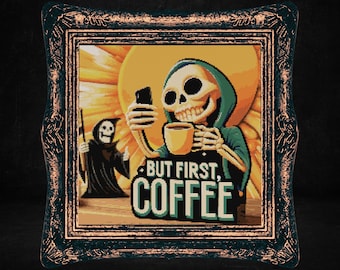 Men först, kaffe korsstygnsmönster present till halloween goth skalle rolig skelett döden kuslig gotisk julklapp snarky udda