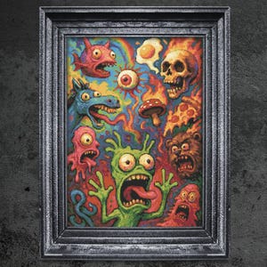 May include: A psychedelic painting featuring a variety of colorful creatures, including a green monster with three eyes and a long tongue, a blue horse with a long snout, a red monster with three eyes, and a skull with flames. The background is a vibrant mix of colors and patterns.