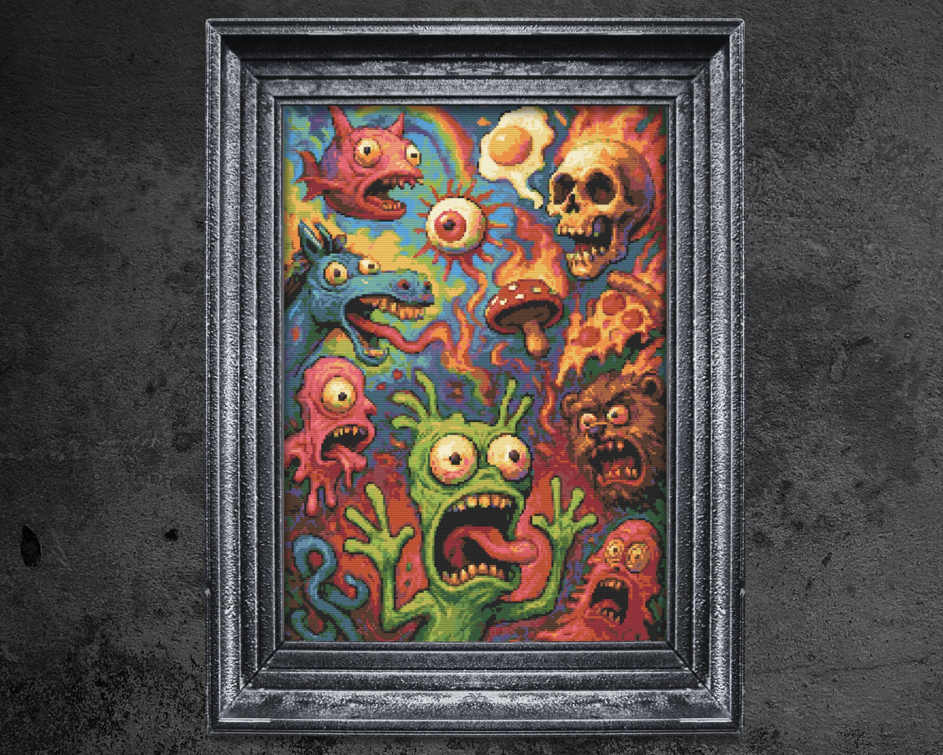 Psychedelic Hell Cross Stitch Pattern Colorful Spooky Retro Trippy