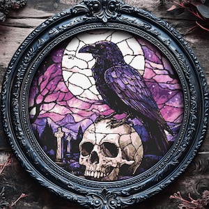 Stained Glass Raven With Skull Cross Stitch Pattern Halloween Horror Sacred Occult Witchcraft Creepy Instant Download