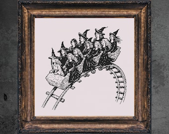 Patrón de punto de cruz de brujas en montaña rusa, estilo gótico de Halloween (patrón en PDF)