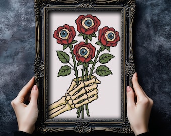 Creepy Bouquet Cross Stitch Pattern, Halloween Gothic Roses (PDF Pattern)