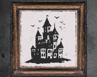 Patrón de punto de cruz del castillo de Drácula grabado en madera, estilo gótico de Halloween (patrón en PDF)