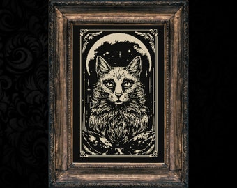 Woodcut Moon Cat Cross Stitch Pattern, Gothic Halloween (PDF Pattern)