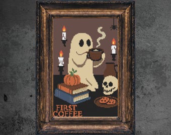Korsstygnsmönster med spöke och kaffe, rolig sarkastisk design (PDF)