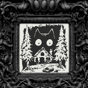 May include: Black and white cross-stitch pattern of a cat peering out from behind a small house with trees on either side.