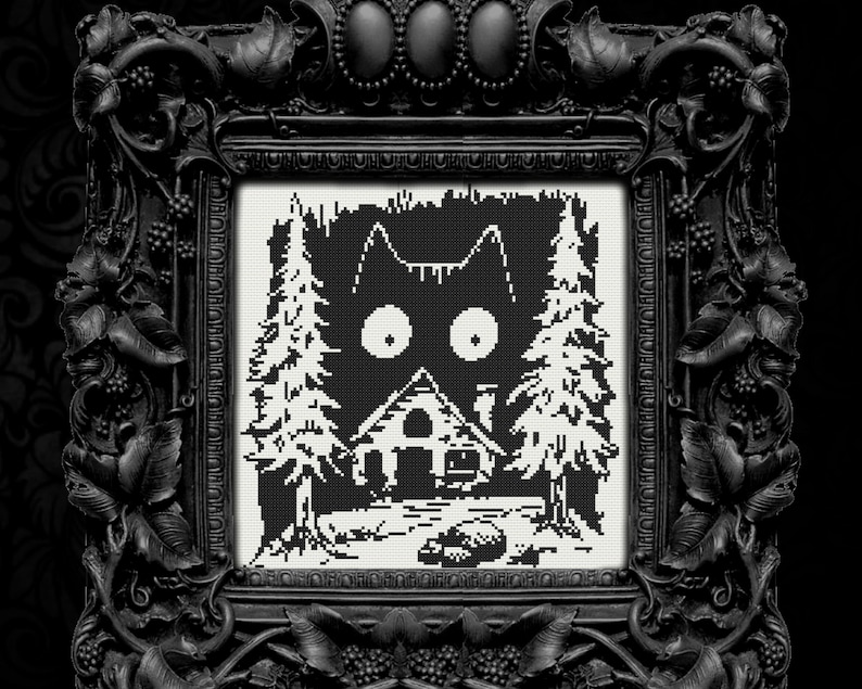 May include: Black and white cross-stitch pattern of a cat peering out from behind a small house with trees on either side.