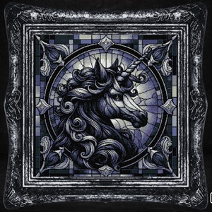 May include: A framed, stained-glass style artwork featuring a unicorn's head in shades of blue and gray. The unicorn has a flowing mane and a detailed horn. The frame is ornate and dark, with a PDF icon in the lower right corner.