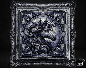 May include: A framed, stained-glass style artwork featuring a unicorn's head in shades of blue and gray. The unicorn has a flowing mane and a detailed horn. The frame is ornate and dark, with a PDF icon in the lower right corner.