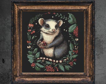 Cottagecore Opossum Cross Stitch Pattern, Woodland Embroidery (PDF Pattern)