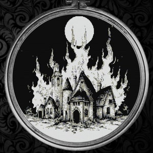 Woodcut Burning Village Cross Stitch Pattern Gift for Halloween Horror Woodcut Modern Creepy Spooky Gothic Witchy  Full Coverage