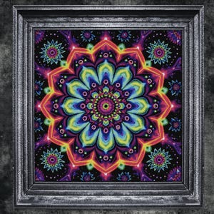 Puede incluir: Una obra de arte mandala enmarcada y colorida. La obra presenta un diseño simétrico con un motivo floral central en tonos de azul, amarillo, rosa y morado. El marco es de color gris oscuro y el fondo es negro.