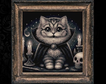 Patrón de punto de cruz de gato vampiro, Halloween gótico (patrón PDF)