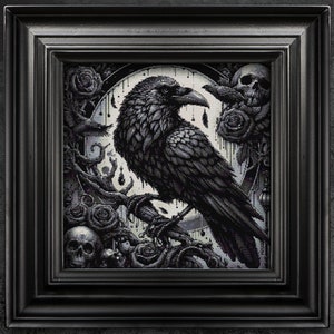 May include: Framed artwork with a black raven illustration, set against a backdrop of roses, skulls, and gothic elements. The monochrome image, in shades of black and grey, is presented in a black frame, creating a dark and detailed aesthetic.