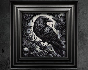 May include: Black framed artwork featuring a detailed illustration of a raven perched on a branch. The gothic-style image includes roses, skulls, and ornate details. The artwork is in shades of black and gray, creating a dramatic and mysterious aesthetic.