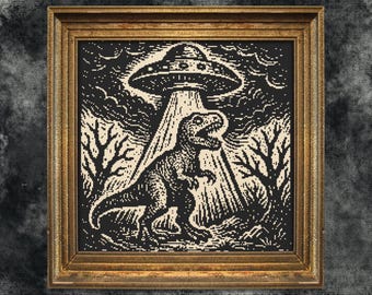 Woodcut T-rex Cross Stitch Pattern Gift for Halloween Modern Woodcut Monochrome Animal Dinosaur UFO Funny XStitch Instant Download PDF