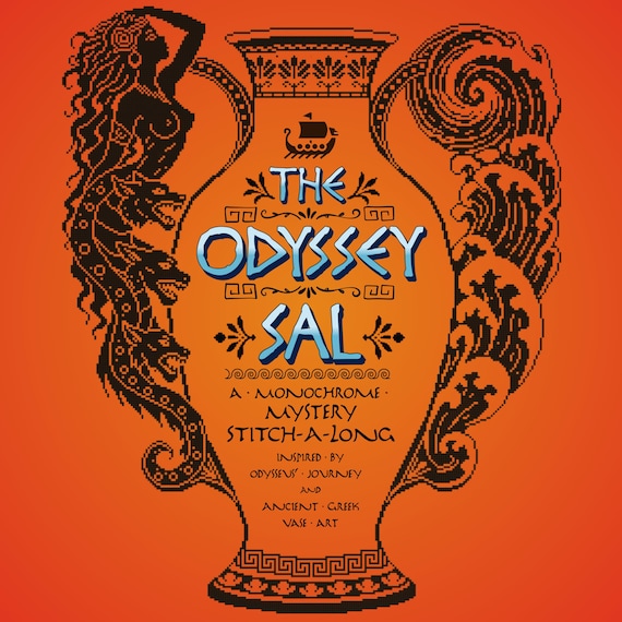 The Odyssey Cross Stitch SAL Mystery Stitch A Long Pattern Ancient Greek Mythology Troy voyage designed in Monochrome Amphora Vase Style PDF