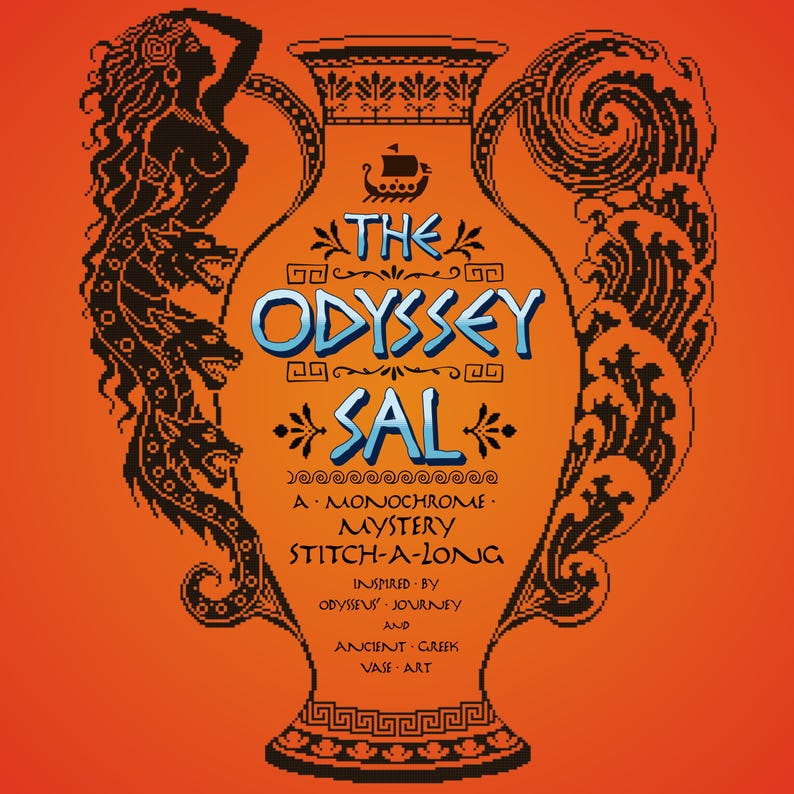 Puede incluir: Un gr&aacute;fico naranja con la silueta negra de un jarr&oacute;n griego con patrones intrincados. El texto dice: THE ODYSSEY SAL A MONCHROME MYSTERY STITCH-A-LONG INSPIRED BY ODYSSEUS' JOURNEY AND ANCIENT GREEK VASE ART. Se representan un barco y figuras mitol&oacute;gicas.