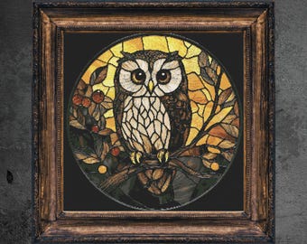 May include: A stained glass owl with brown and white feathers, perched on a branch with yellow and orange leaves. The owl is set against a dark background and framed in a dark wood frame.