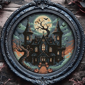 Haunted House with Full Moon Cross Stitch Pattern Witchy Spooky Gothic  Halloween Creepy Horror Jack O'Lantern Bats Modern Xstitch
