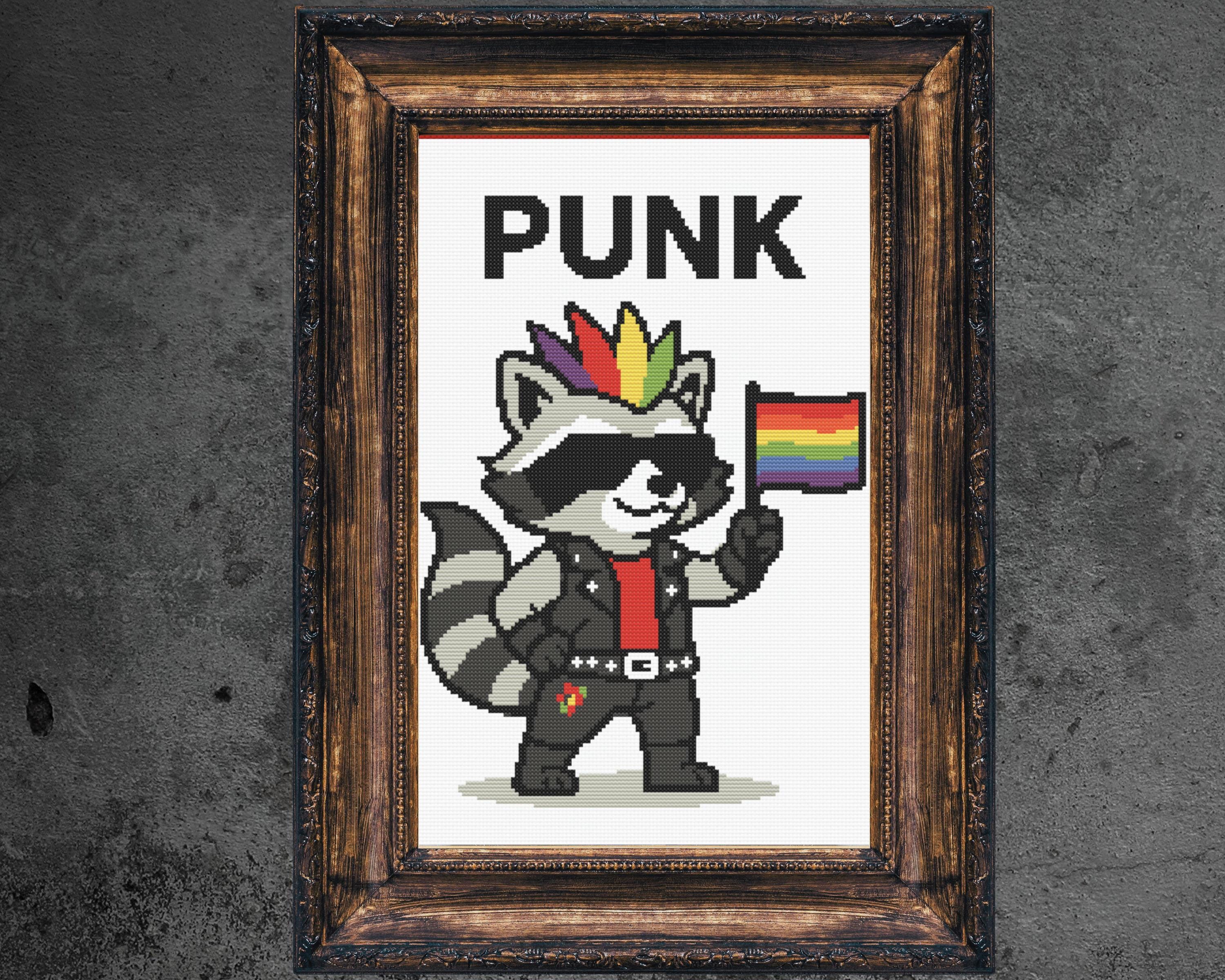 Punk Raccon Punk Raccoon Cross Stitch Pattern: Rainbow Pride, Kawaii Gothic ...