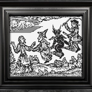 Woodcut Witches and Devils Cross Stitch Pattern Black&White Halloween Horror Modern Creepy Spooky Gothic Witch Demons Cross Stitch Pattern