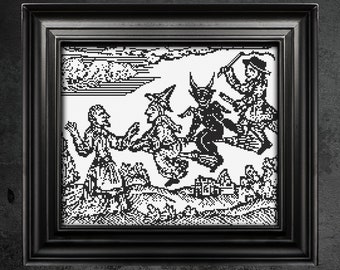 Patrón de punto de cruz de brujas y demonios grabados en madera, estilo gótico de Halloween (patrón en PDF)