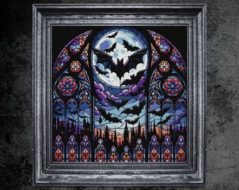 Stained Glass Cathedral and Bats Cross Stitch Pattern Halloween Horror Sacred Full Moon Occult Witchcraft Creepy Instant Download