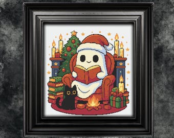 Christmas Library Ghost Cross Stitch Pattern, Black Cat (PDF Pattern)
