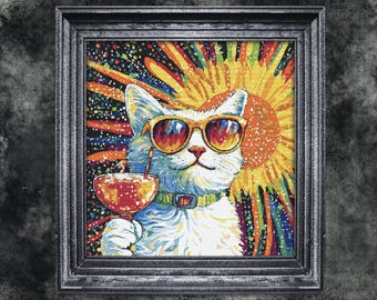 Trippy Cat Cross Stitch Pattern: Psychedelic Animal Design (PDF Pattern)