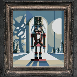 May include: A pixelated illustration of a creepy nutcracker with a menacing grin, standing in a dark forest setting with a full moon in the background.