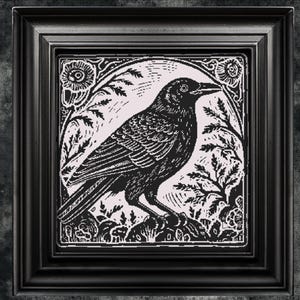 The Crow Cross Stitch Pattern Gift for Halloween Horror Crow Modern Woodcut Monochrome  Animal Witchy XStitch Instant Download PDF