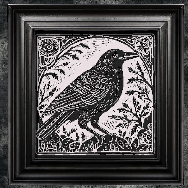 Patrón de punto de cruz de cuervo, regalo para Halloween, horror, cuervo, moderno, xilografía, monocromo, animal, brujería, XStitch, descarga instantánea en PDF