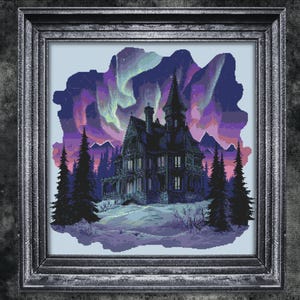 Aurora Spukhaus Kreuzstichmuster Aurora Borealis Berglandschaft Gruselig Skurril Natur Instant Download